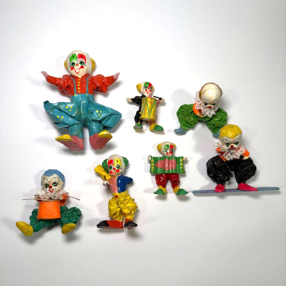 Paper Mache Clowns LOT of 7 Colorful Various Sizes Vintage Musical Instruments